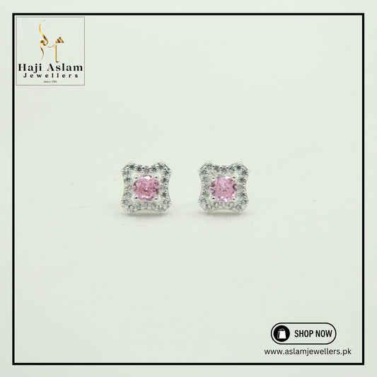 Pink Zircon Curved Square Studs - 925 Silver (Chandi)