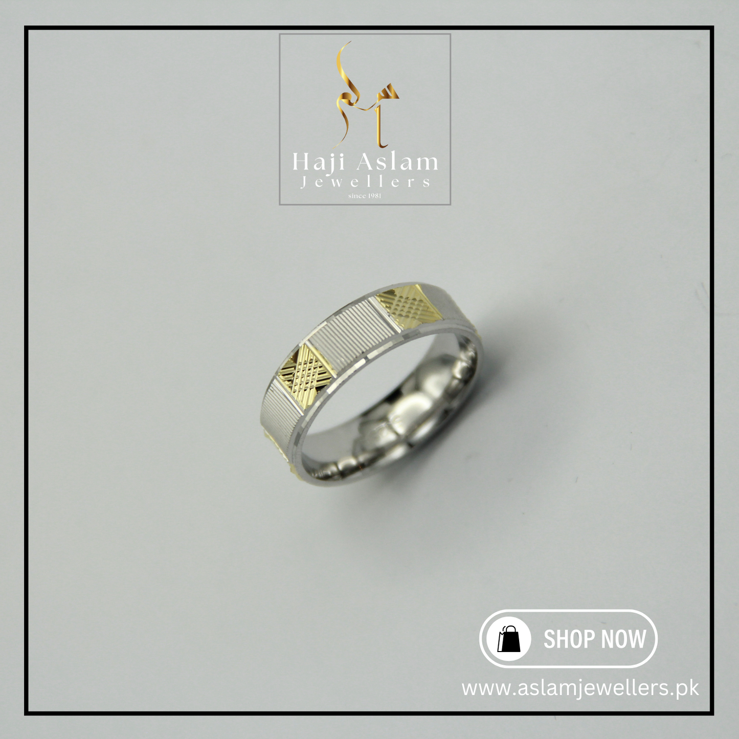 Golden Square Challa Ring - 925 Silver (Chandi)