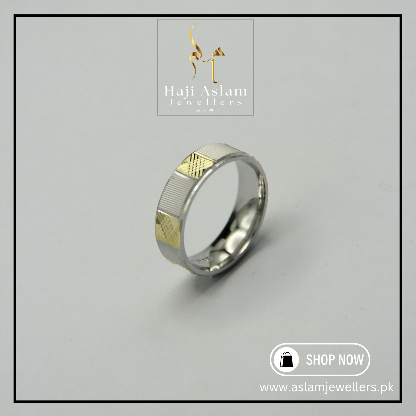 Golden Square Challa Ring - 925 Silver (Chandi)