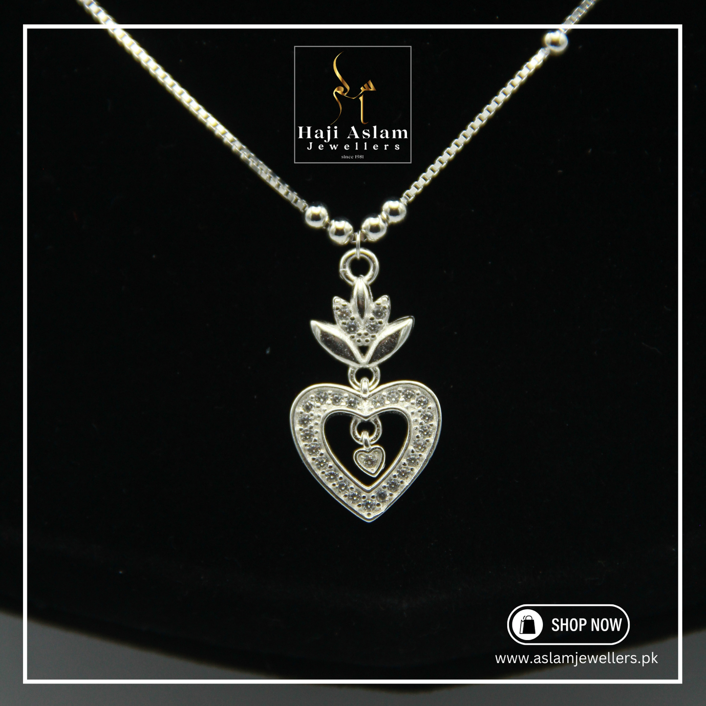 Dangling Zircon Heart Pendant Necklace – 925 Silver (Chandi)