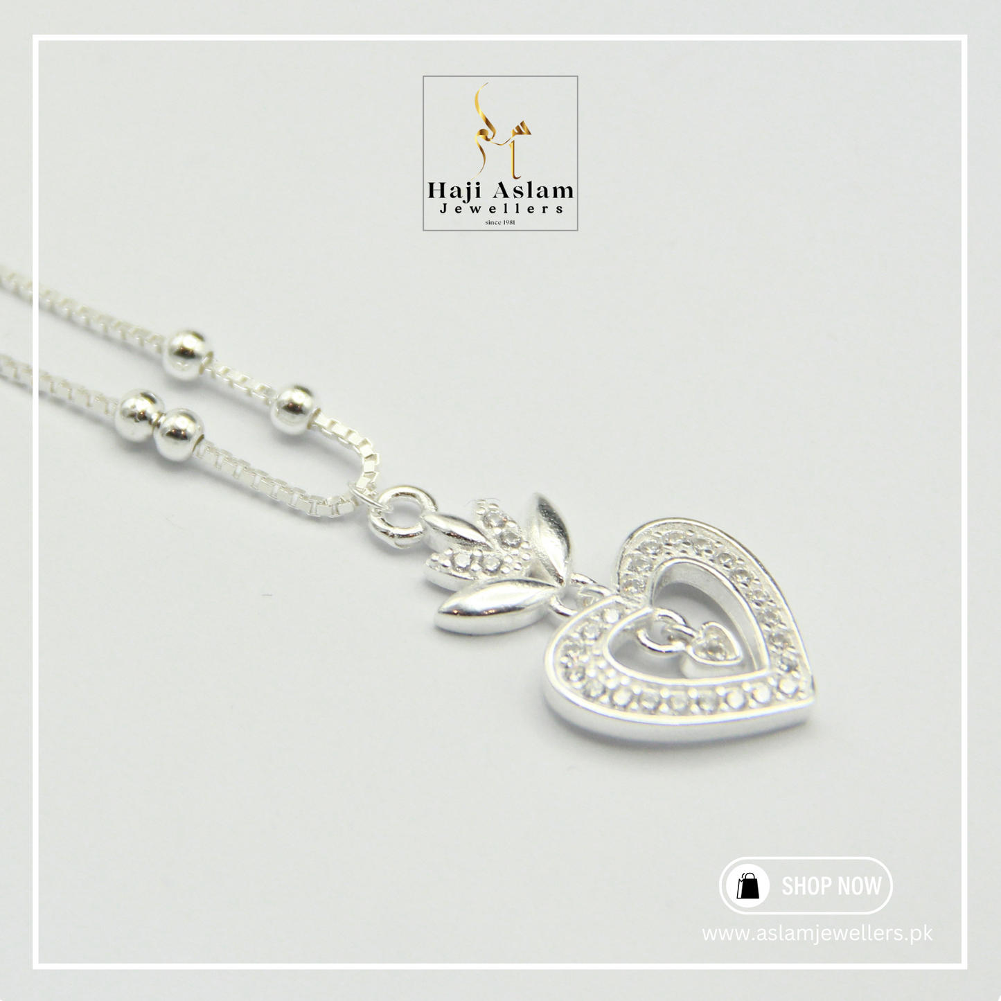 Dangling Zircon Heart Pendant Necklace – 925 Silver (Chandi)